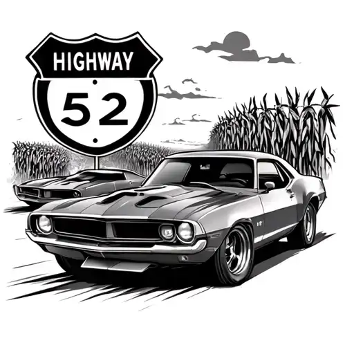 tattoo of two muscle cars driving down the highway with a highway 52 shield sign and cornfields on each side of the road tattoo design idea