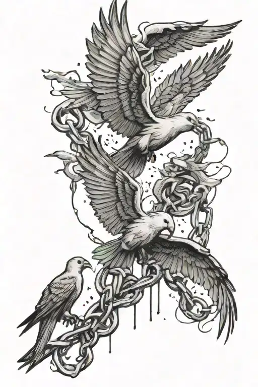 symbol of freedom. a chain whivh is broken and several small birds are coming out of its pieces and flying away tattoo design idea
