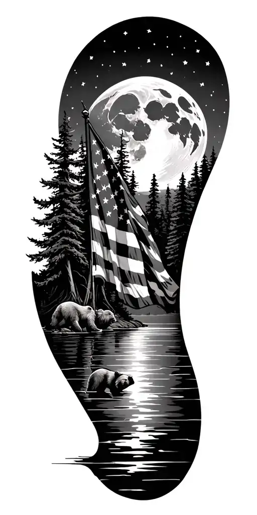 moon and American flag with trees and lake and a bear tattoo design idea