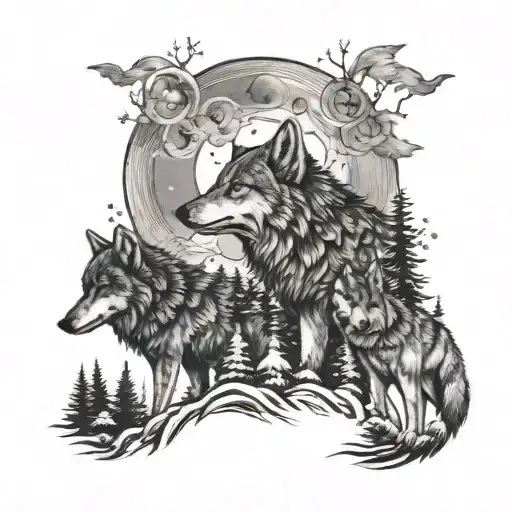 A tattoo design of a family of wolves howling at a full moon, surrounded by evergreen trees and Native American artwork accents tattoo design idea