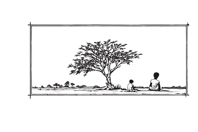 border rectangle with Africa scape inside. acacia tree and boy facing away sitting on the ground. fine line/simplistic tattoo design idea