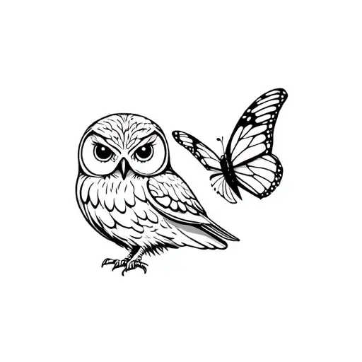 of an owl and next to it, a butterfly, both flying next to each other tattoo design idea
