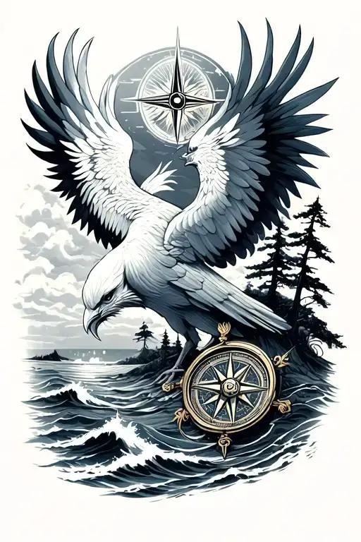 pheonix and compass with trees and ocean tattoo design idea