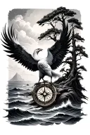 pheonix and compass with trees and ocean tattoo design idea