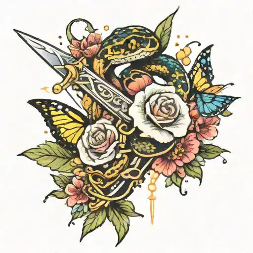 Snake wrapped around sword with flowers and butterflies surrounding it and lightening behind it all tattoo design idea