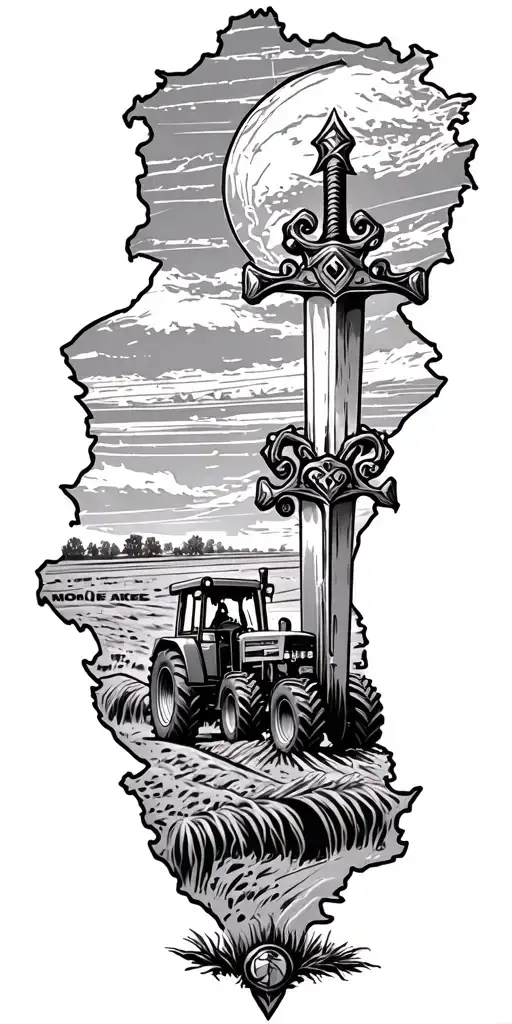 Tractor Plowing, Punjab map with a sword tattoo design idea