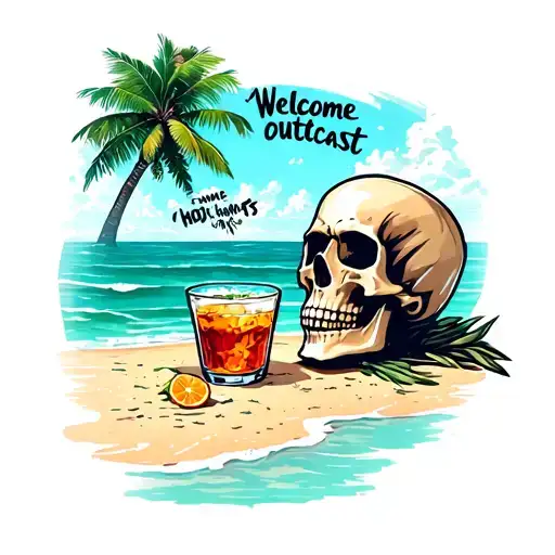 "Welcome home outcast" skull on a beach with drink tattoo design idea