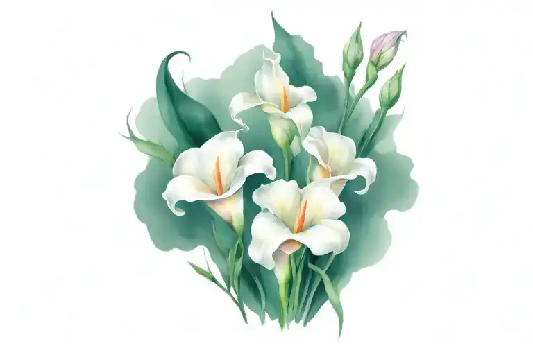 calla lilly flower, iris flower, thistle intertwined, peonies  tattoo design idea