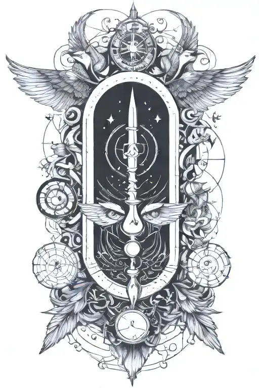 Combine the Alchemical sign for mercury, a pen, wings, simple  tattoo design idea