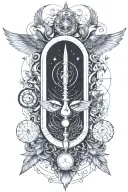 Combine the Alchemical sign for mercury, a pen, wings, simple  tattoo design idea