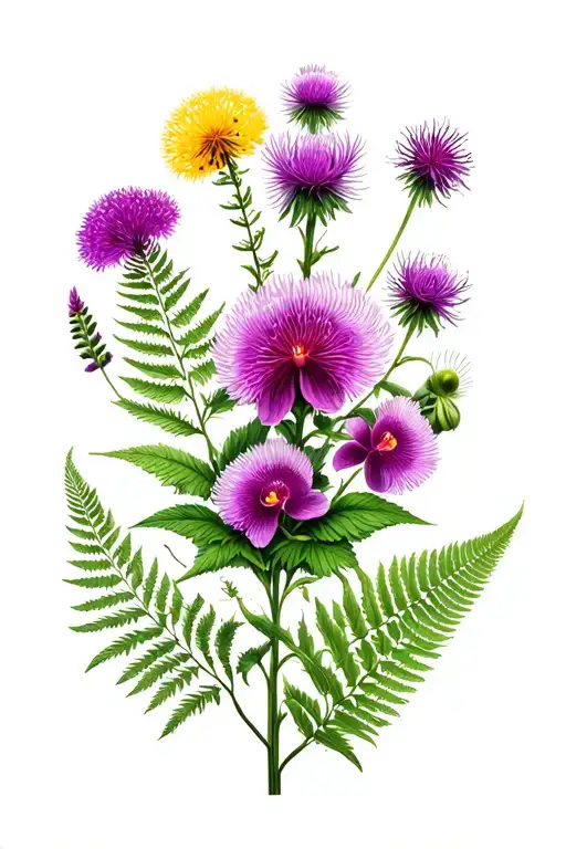 medium sized tattoo to be placed on my inner forearm containing: fireweed, fern leaf, dandelion, musk thistle, orchid  tattoo design idea