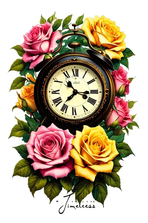the word "Timeless" in flowing script with pink and yellow roses, along with a clock showing the time 2:30 tattoo design idea