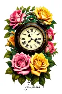 the word "Timeless" in flowing script with pink and yellow roses, along with a clock showing the time 2:30 tattoo design idea