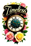 the word "Timeless" in flowing script with pink and yellow roses, along with a clock showing the time 2:30 tattoo design idea