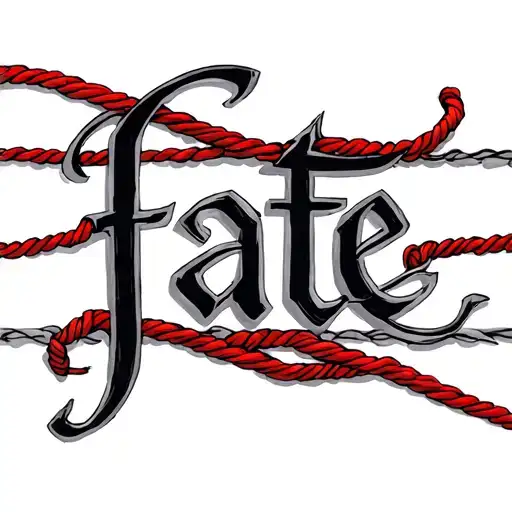 the word "fate" with a red string wrapped loosely around the word. dainty and flowy  tattoo design idea