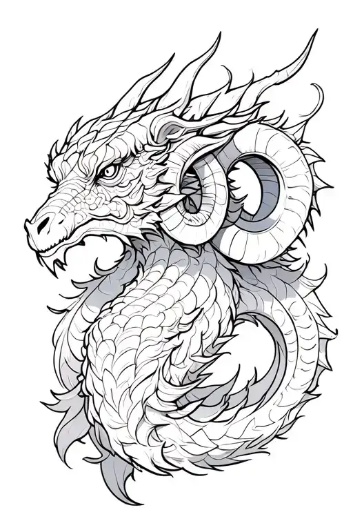 RAM WITH DRAGON ON BACKGROUND WITH SMOKE EFFECT tattoo design idea