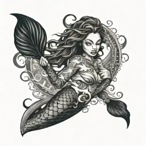 ocean theme sleeve with a black mermaid with locs tattoo design idea