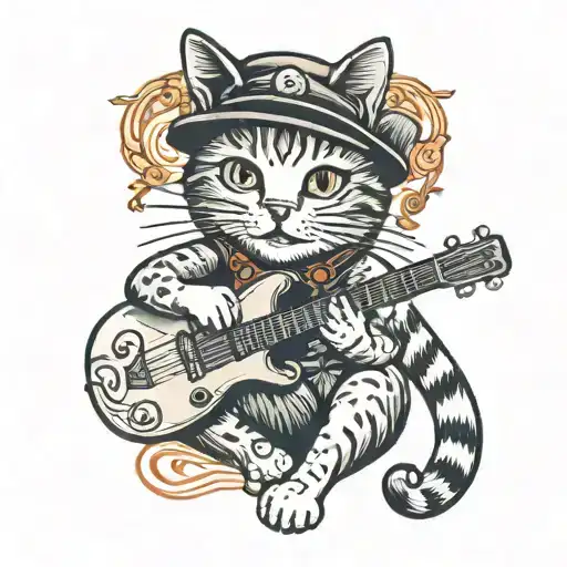 A traditional tattoo featuring a cat playing a guitar, merging your love for cats and music in a classic style tattoo design idea