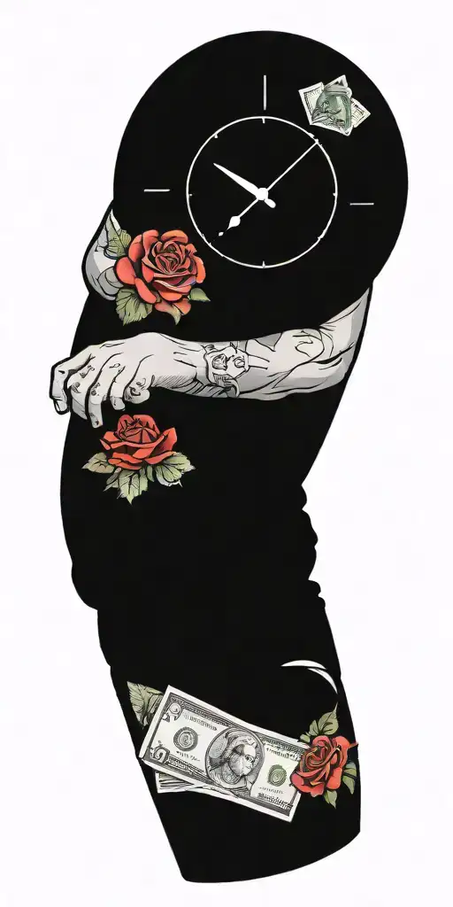 roses money cards hazard sign clock tattoo design idea