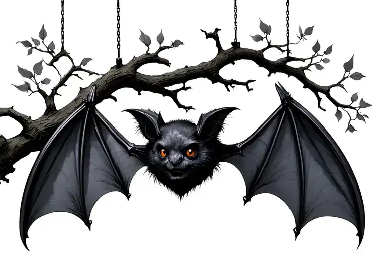 2 bats hanging from branch tattoo design idea