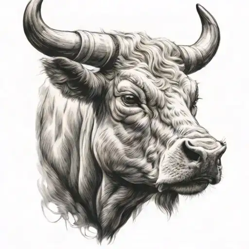 Draw the Head of a bull With a serious and confident look, with a serious and confident look, there were long white horn tattoo design idea