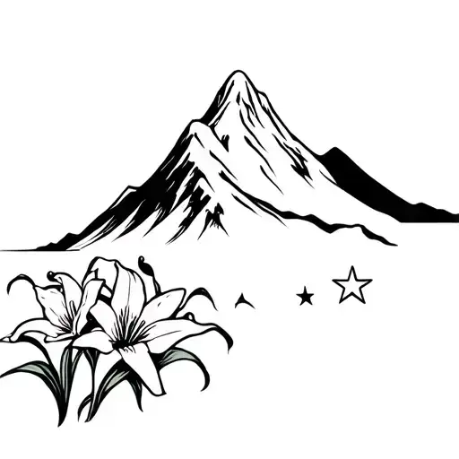 Japanese water turning into snow mountain with Tennessee lilies and 3 white stars from the flag  tattoo design idea