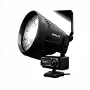 A black and grey tattoo of a Vari-lite VL500 wash light shining down on a group of people tattoo design idea