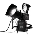 A black and grey tattoo of a Vari-lite VL500 wash light shining down on a group of people tattoo design idea