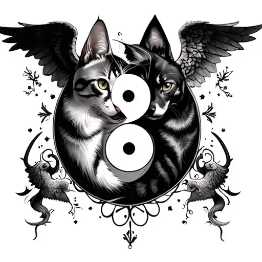 An intricate design featuring a cat and a dog intertwined in a yin-yang symbol, with angel and devil motifs incorporated in the background tattoo design idea