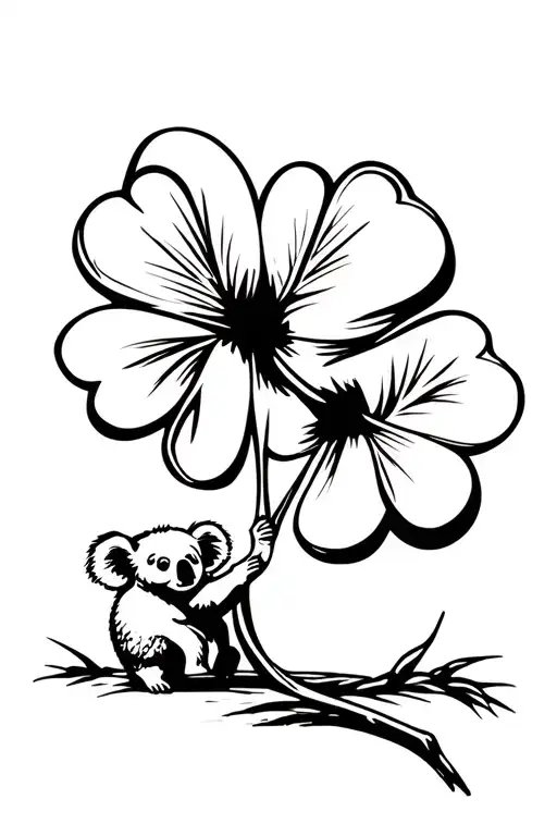 A five -leaf clover with a large stem, in which a small koala grabs the stem tenderly tattoo design idea