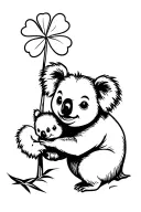 A five -leaf clover with a large stem, in which a small koala grabs the stem tenderly tattoo design idea