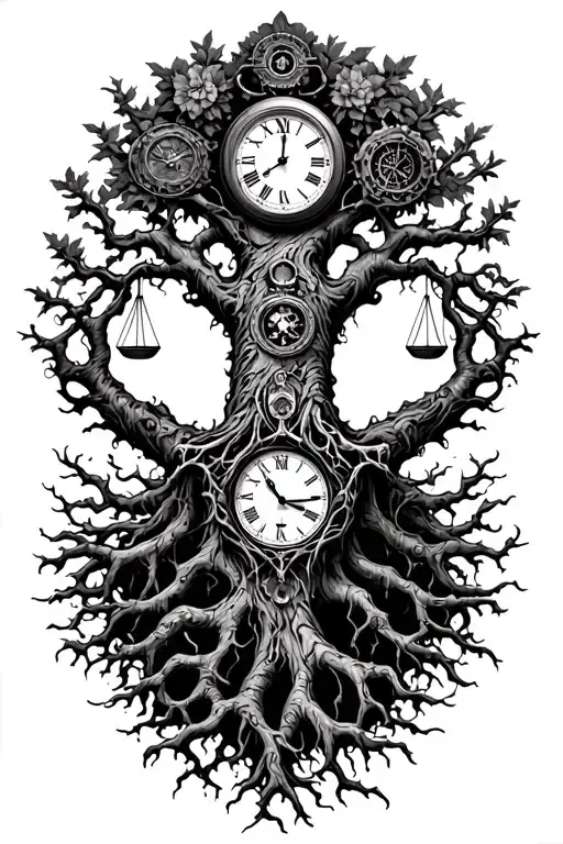 gothic tree of life with midevil roots intertwined with v-twin motor, libra scales and a clock tattoo design idea