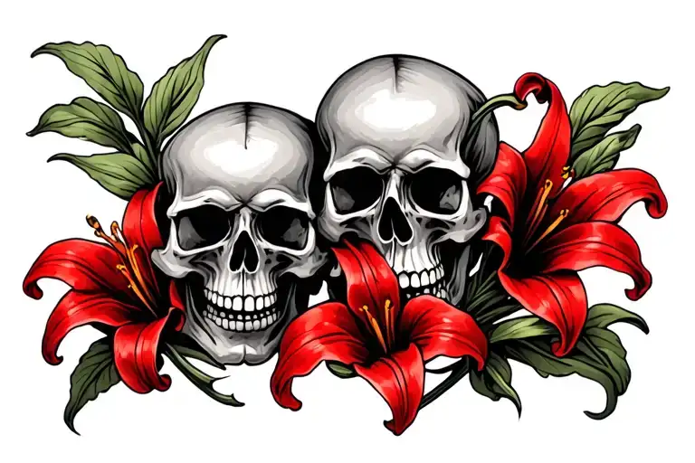 4 small skulls intertwined with 3 red lilies for the inner arm tattoo design idea