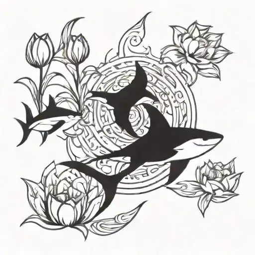 A tribal-inspired design incorporating elements of dancing, tulips, and sharks tattoo design idea