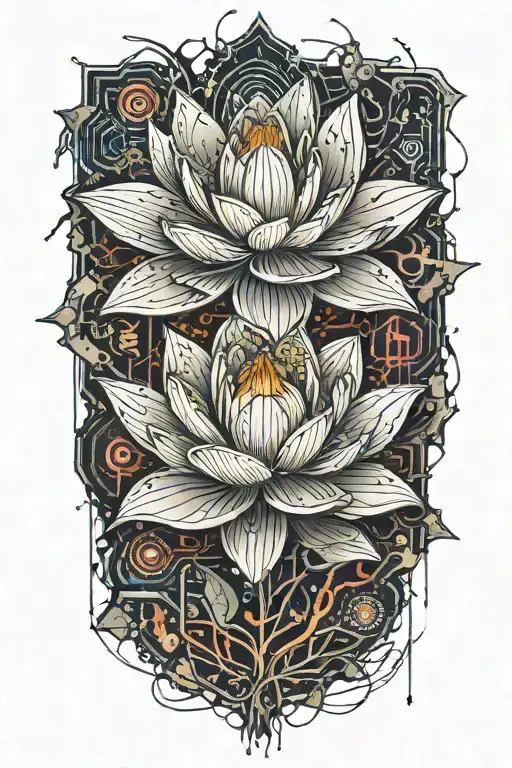 Lotus flower made of circuits growing from cracked ground, with debris scattered and glowing light from the flower tattoo design idea