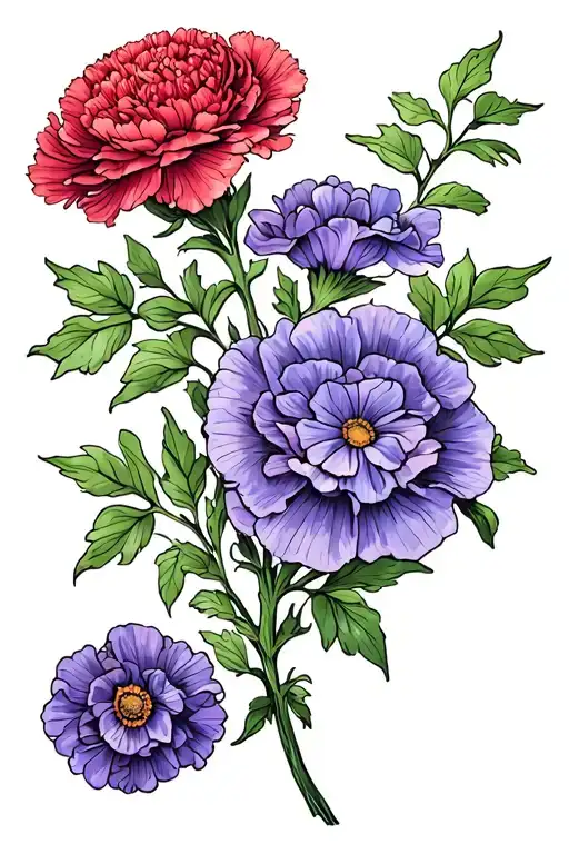 vine going on oblique with birth month flowers, a carnation, violet and 2 marigolds tattoo design idea