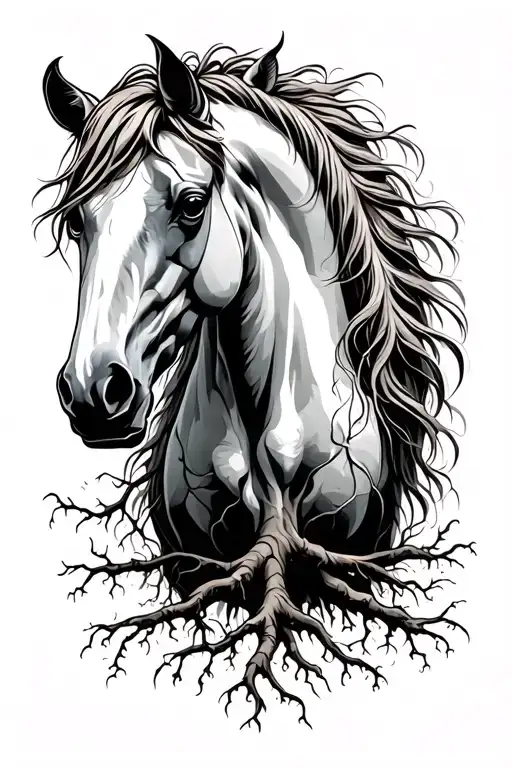 Pale Horse with roots growing tattoo design idea