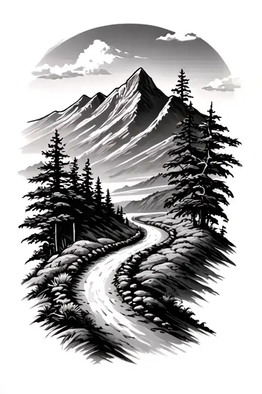  left forearm including a mountain and a winding road with some vegetation on the sides tattoo design idea