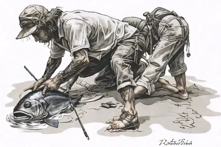 woman painting a fisherman on the beach shore tattoo design idea