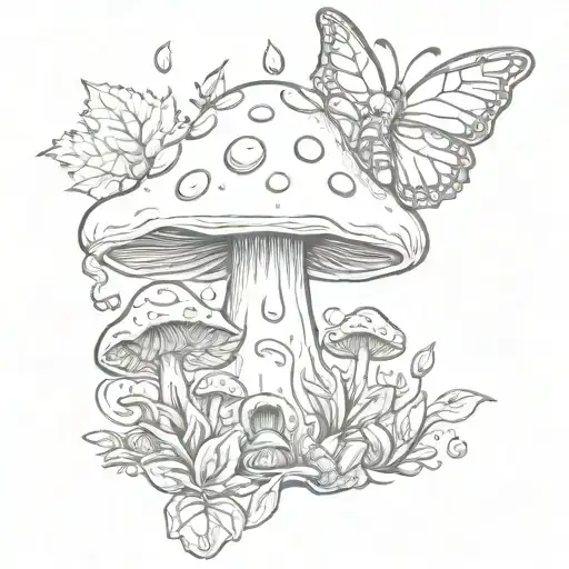 a detailed witchy cute autumn mushroom and butterfly's  tattoo design idea