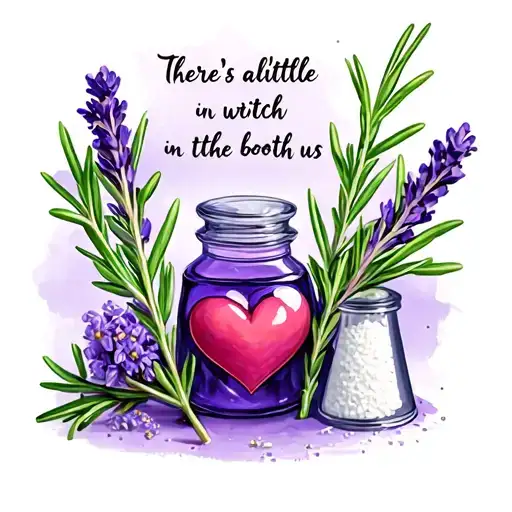 "There's alittle witch in the both of us" with a rosemary stem, lavender flower, salt shaker, and a heart tattoo design idea