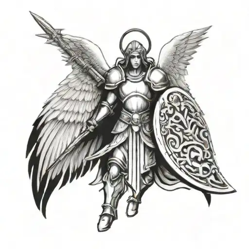 Angel with big wings and nice armor holding a shield and sword tattoo design idea