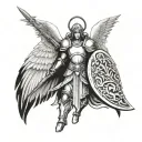 Angel with big wings and nice armor holding a shield and sword tattoo design idea