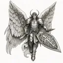Angel with big wings and nice armor holding a shield and sword tattoo design idea