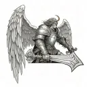 Angel with big wings and nice armor holding a shield and sword tattoo design idea