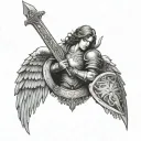 Angel with big wings and nice armor holding a shield and sword tattoo design idea