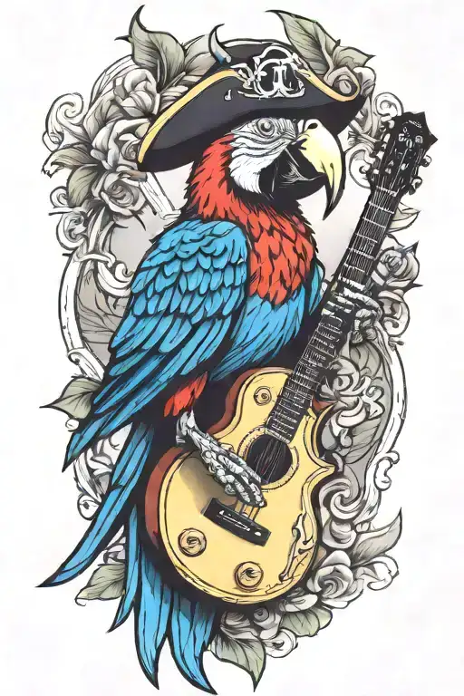 parrot pirate hat perched on guitar tattoo design idea