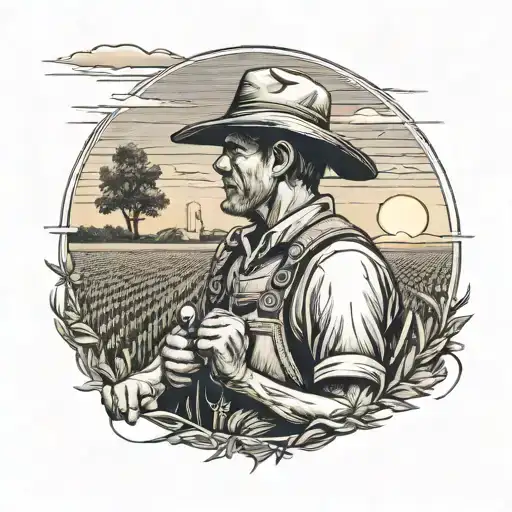 Create a detailed portrait of a farmer working in a field with a sunset background tattoo design idea