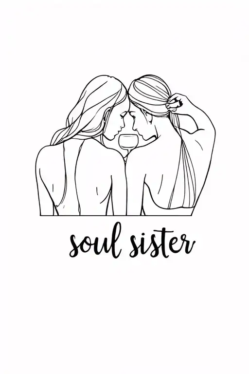 2 silhouettes of back women, who drink with a glass. inscription "soul sister" tattoo design idea