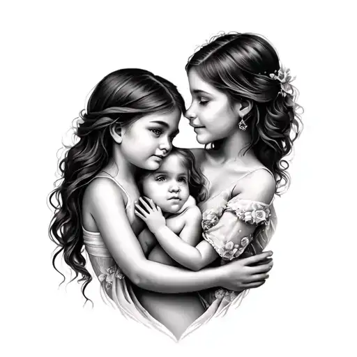 The tattoo presents a woman (mother) with two daughters - one is 6 years old, the other 2 years old. This can be presented in the form: S tattoo design idea